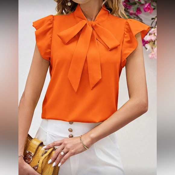 Elegant Orange Women's Top with Bow Detail - Picture 1 of 15